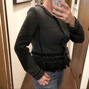 HANII Y Adorable blazer jacket with fun ribbon, thread fringed hemline. Size 8.